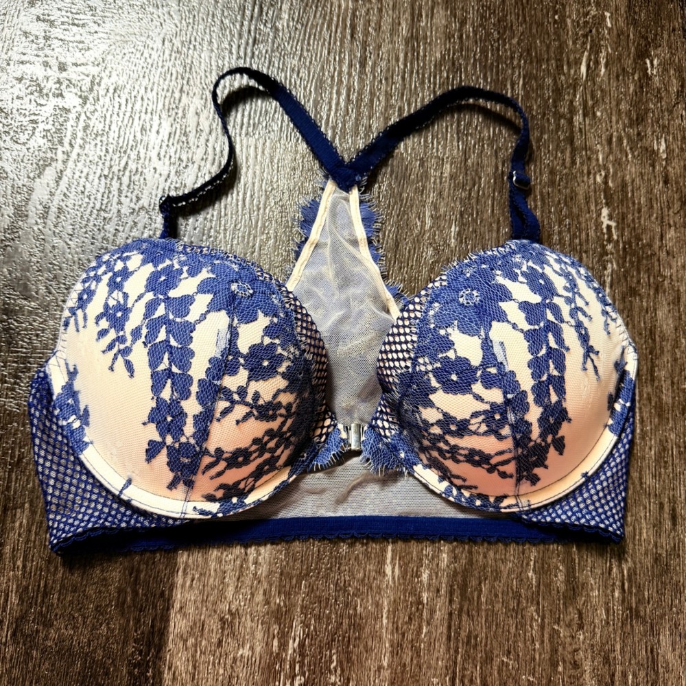 Victoria's Secret Dream Angels Bra Womens 36C Blue Floral Lace Racerback Push Up